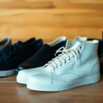 A pair of white high-top sneakers is prominently displayed in front of black shoes and loafers. They are on a wooden floor, with a warm, blurred wooden wall in the background. The focus is on the white sneakers.