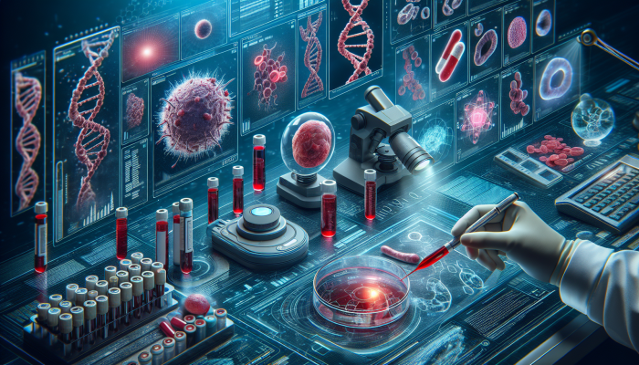 Illustration of blood testing process for cancer risk, showing DNA, proteins, tumor cells with advanced technology.