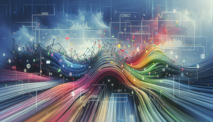 Abstract visualization of debt consolidation with merging colorful lines and a fluctuating credit score graph.