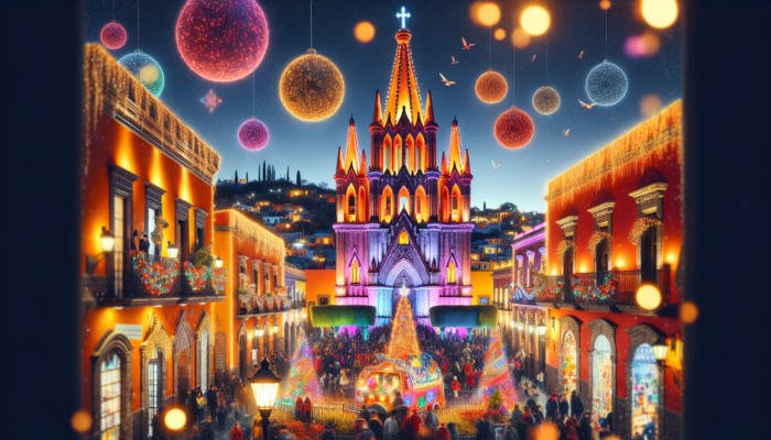 Festive San Miguel de Allende at Christmas and New Year with vibrant decorations and illuminated historic church.