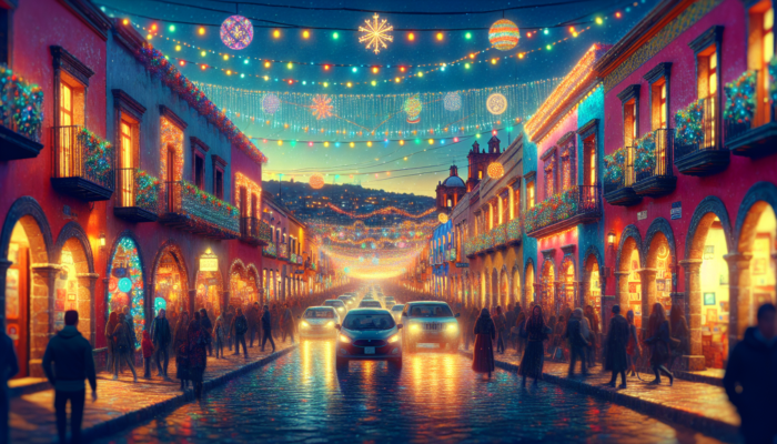 Festive San Miguel de Allende street at dusk with Christmas lights and decorations, crowded with celebrants.