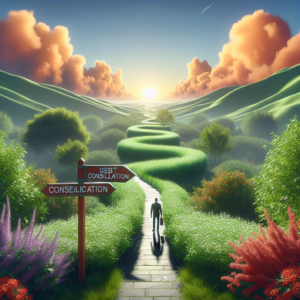 Person at start of path symbolizing financial journey, signpost for "Debt Consolidation Loans" points forward.