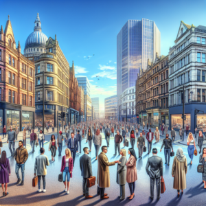 Leeds street scene with people connecting to lenders and local experts, historic and modern backdrop.