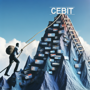 Person climbing a mountain symbolizing credit challenges, aided by a rope ladder representing debt solutions, under a clear sky.