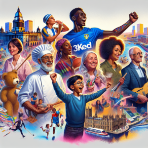 Diverse Leeds residents celebrating triumphs with city landmarks like Town Hall and River Aire in background.