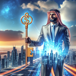 A person holding a glowing golden key, with a futuristic city skyline and hopeful sky.