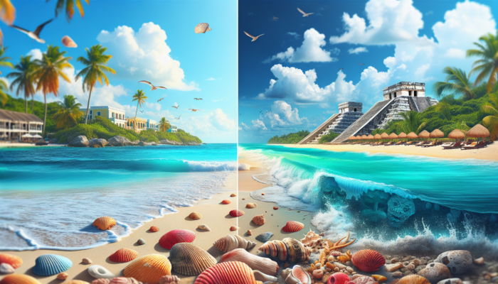 A split beach scene comparing Belize's turquoise waters and Tulum's beaches with Mayan ruins.