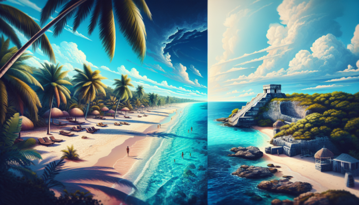 Belize and Tulum beaches contrasted, with clear waters, sand, and ancient ruins.
