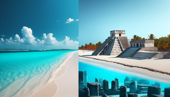 Belize's serene turquoise waters versus Tulum's ancient ruins on white sands, a beach lover's paradise.