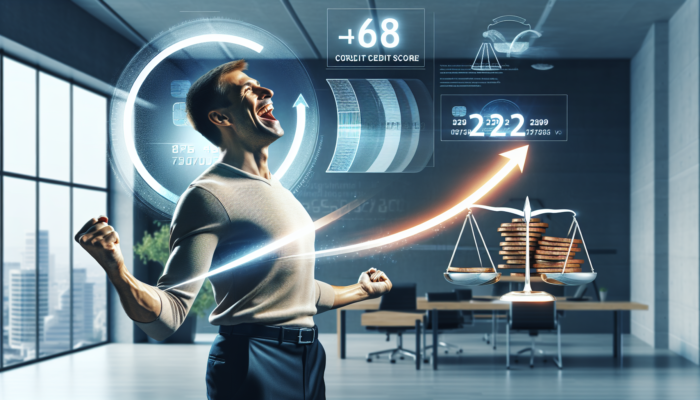 Person celebrating improved credit score with graph and debt consolidation symbols in office.