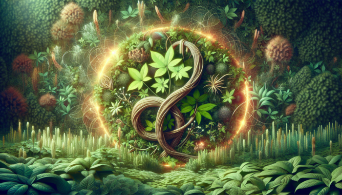 Herb Pairing For Enhanced Immunity: A vibrant garden with ginseng and licorice herbs glowing synergistically amidst lush greenery.