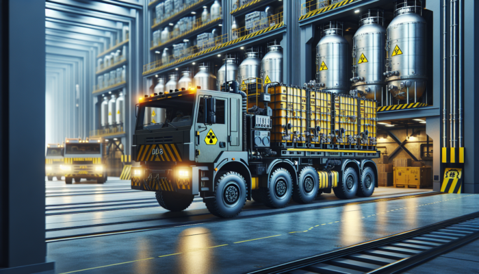 A specialized vehicle transporting securely contained and labeled hazardous materials from facility to disposal site.
