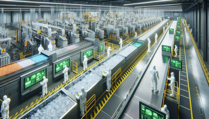 Futuristic recycling facility with advanced machinery processing clear plastics, workers in protective gear, high-tech environment.