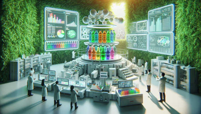 Researchers in a futuristic lab observing enzymes breaking down colorful plastic bottles into monomers, surrounded by greenery.