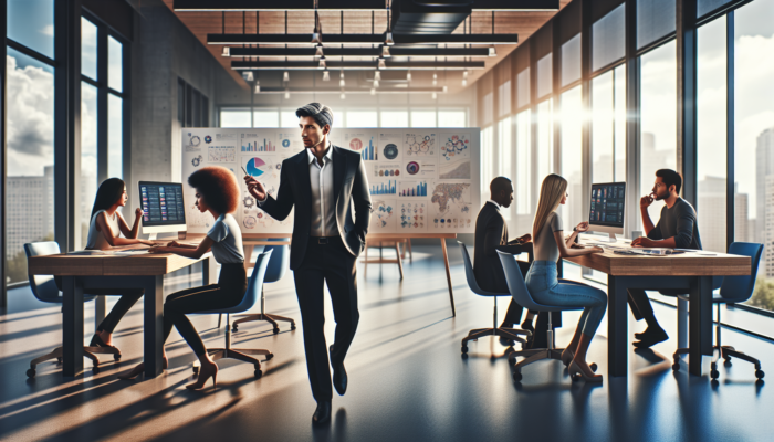 Jonathan Mildenhall leading a diverse team in crafting personalized, data-driven marketing strategies in a modern workspace.