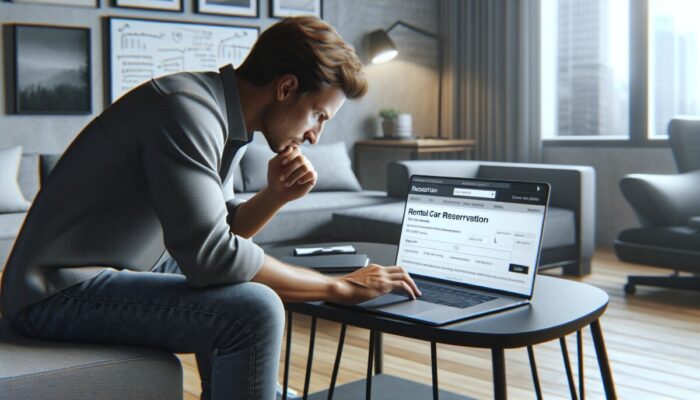 Person reviewing rental car reservation on laptop in modern home office, ensuring accuracy and confidence.