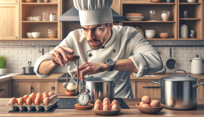 Chef utilizing a timer to ensure perfect egg boiling, checking early and adjusting for stove and cookware.