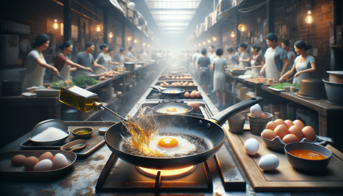Non-stick pan sizzling with olive oil on medium-high heat, ready for frying eggs in a busy kitchen setting.