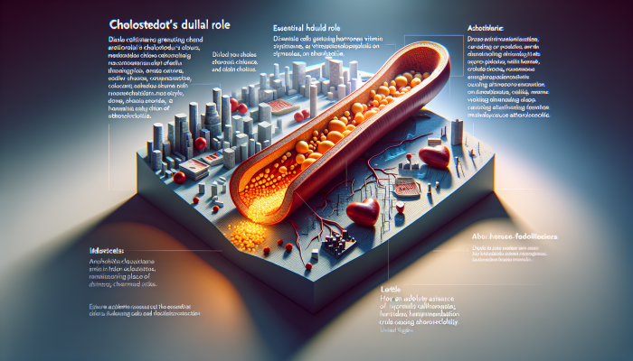 A cross-section of a human artery illustrating cholesterol's role in hormone and vitamin D production, and plaque buildup causing atherosclerosis, with a UK cityscape background.