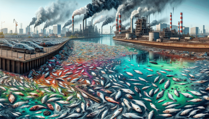 A polluted urban river with toxic colours, dead fish, factories, and city skyline, showing industrial pollution effects.