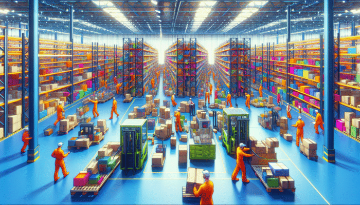 Workers in bright uniforms sorting and disposing of vibrant clearance items in a modern warehouse using eco-friendly technology.
