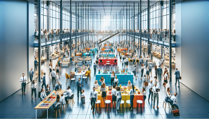 A vibrant employee sale event in a modern office where staff browse discounted high-quality items, boosting morale.