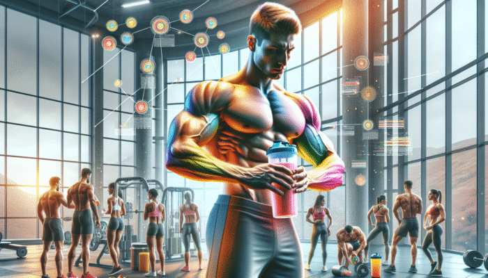 Athletes in a modern gym drinking colourful protein shakes, showcasing muscle growth and recovery post-workout.