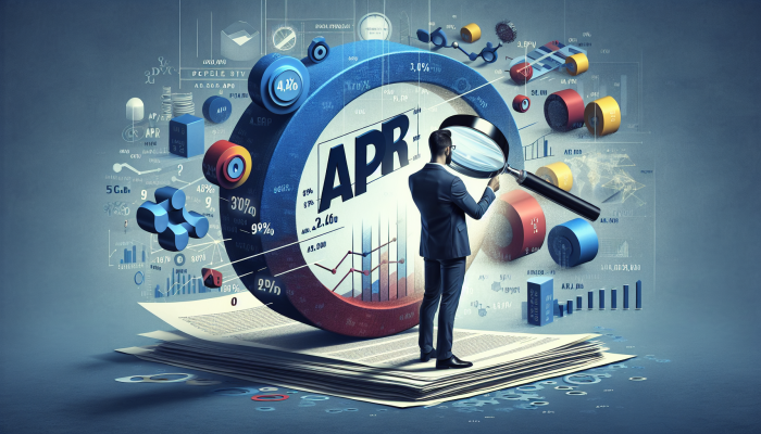 How to Compare Debt Consolidation Loan APRs: A Guide | DCL A person using a magnifying glass to scrutinise an "APR" document, surrounded by financial charts and graphs.