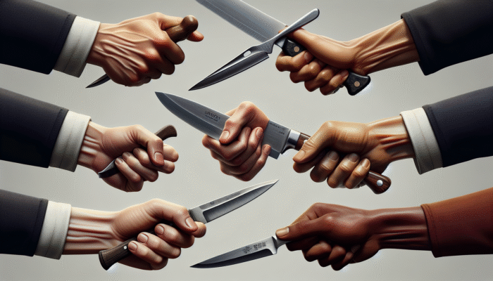 Knife Safety Rules: Hands demonstrating various knife grips: firm handle grip, pinch grip on chef's knife, relaxed hold on paring knife.