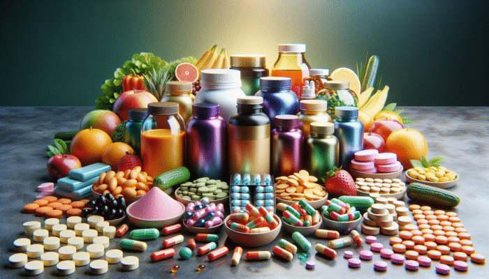 A vibrant assortment of dietary supplements arranged on a table, with fruits and vegetables in the background.
