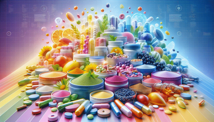 A vibrant assortment of dietary supplements in various forms such as capsules, tablets, and powders on an eye-catching background.