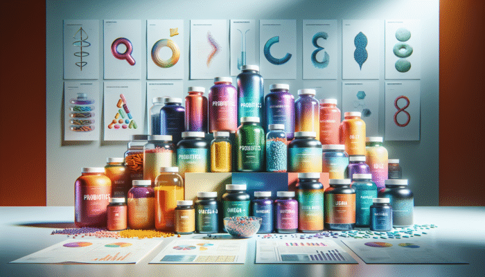 A collection of specialty supplement bottles featuring probiotics, omega-3, and protein powders on a health-oriented backdrop.