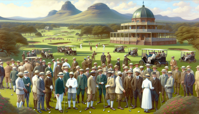 Historic 1907 Krugersdorp Golf Club, lush greenery, diverse early 20th-century golfers symbolising cultural unity.