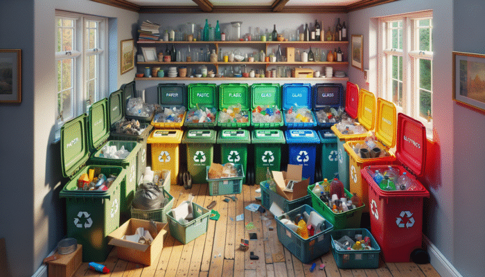Sorting station equipped with labelled bins for paper, plastic, glass, and electronics in a UK house clearance, promoting recycling compliance.