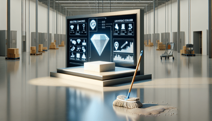 Industrial diamond tools and low-moisture scrubbers delicately treating stone, producing a lasting shine, in comparison to a supermarket mop.