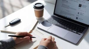 A person writes notes in a notebook beside an open laptop displaying text. On the white desk are a takeaway coffee cup, a closed notebook, and a car key—potentially after reading car rental reviews for essential tips in this bright, focused workspace.