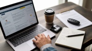 A person utilises a laptop on a desk accompanied by a coffee cup, notepad, pen, wallet, car key, and documents. The open laptop displays car rental reviews and renting tips, suggesting they are reading reviews before renting a car for their work or study session.