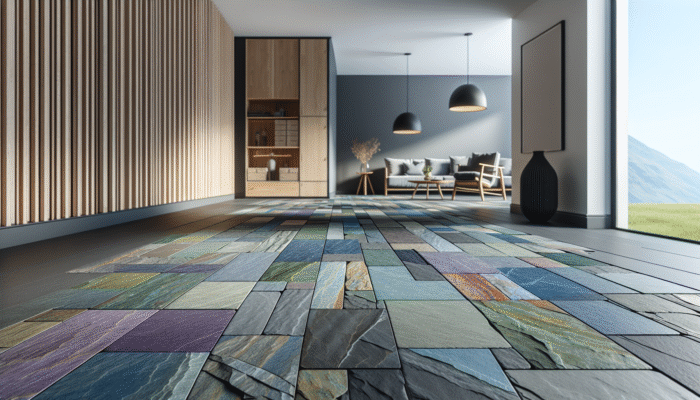 Slate Floor Care: Welsh slate flooring in a contemporary UK home, showcasing a range of deep blues, purples, greens, and greys.