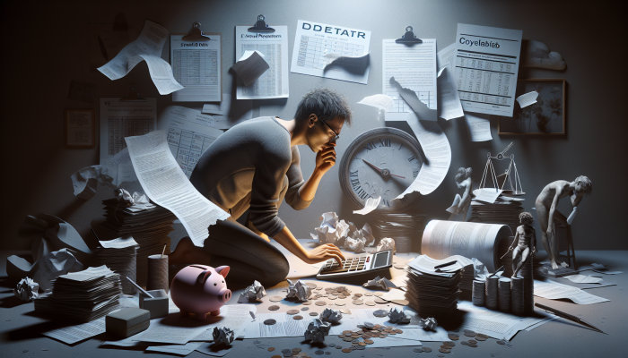 Does Debt Consolidation Hurt Your Future Loans: Impact Explained | DCL Person in a dimly lit room, surrounded by financial documents, anxiously calculating extended debt repayment on a calculator, with a calendar showing prolonged dates.