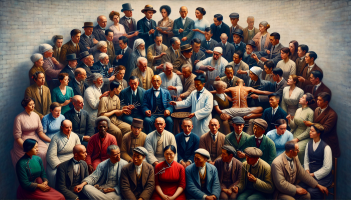 Early 20th-century British individuals surrounding an acupuncturist, demonstrating a blend of curiosity and skepticism towards this ancient Chinese practice.