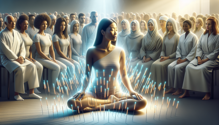 A calm Asian woman undergoing acupuncture, surrounded by glowing needles, while a diverse audience observes.