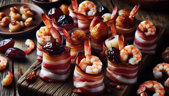 An assortment of appetizers wrapped in crispy bacon, including shrimp, scallops, and dates, displayed on a rustic wooden table.