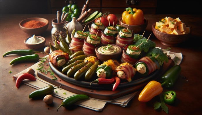 A platter of bacon-wrapped jalapeños, water chestnuts filled with creamy cheese, and cheddar-wrapped vegetables with herbs.