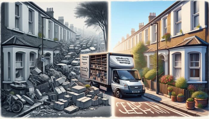 A bustling urban street in London with a congested clearance van versus a calm suburban area with efficient access for clearance vehicles.