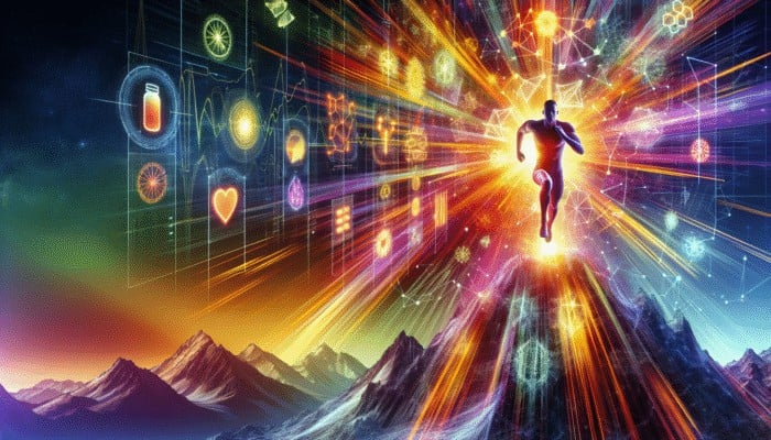 An individual running up a mountain, surrounded by energising supplements, against a vibrant backdrop.
