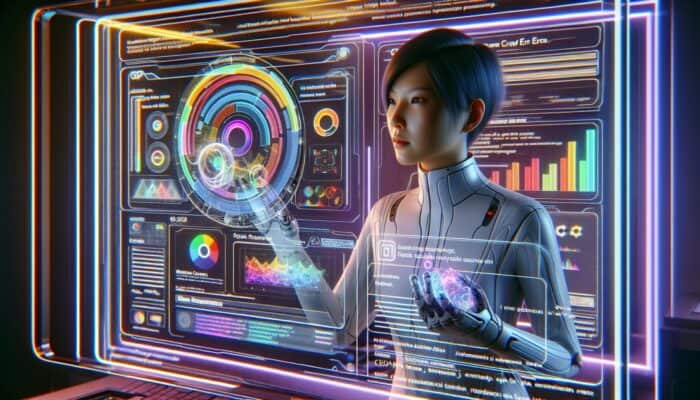 A webmaster reviewing Google Search Console data on a holographic display in a futuristic, tech-savvy environment.