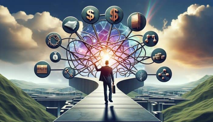 Key Terms to Understand in Debt Consolidation: A Complete Guide | DCL A person confidently navigating a clear path through a complex financial landscape with labelled signposts under a bright sky.