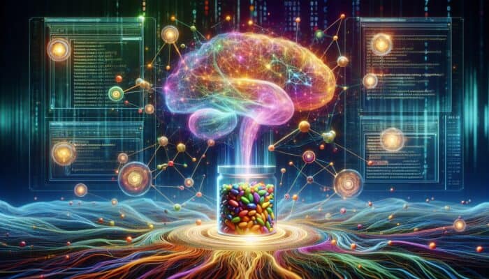 A glowing neural network processing data into personalised supplement bottles, focusing on plant-based protein options.