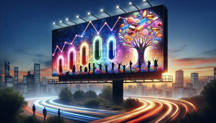 A digital billboard featuring personalised supplement advertisements, graphs of rising conversion rates, and satisfied customers with products in a contemporary cityscape at dusk.