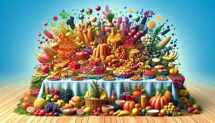 A vibrant table with colourful, artfully arranged foods of varying textures and heights.